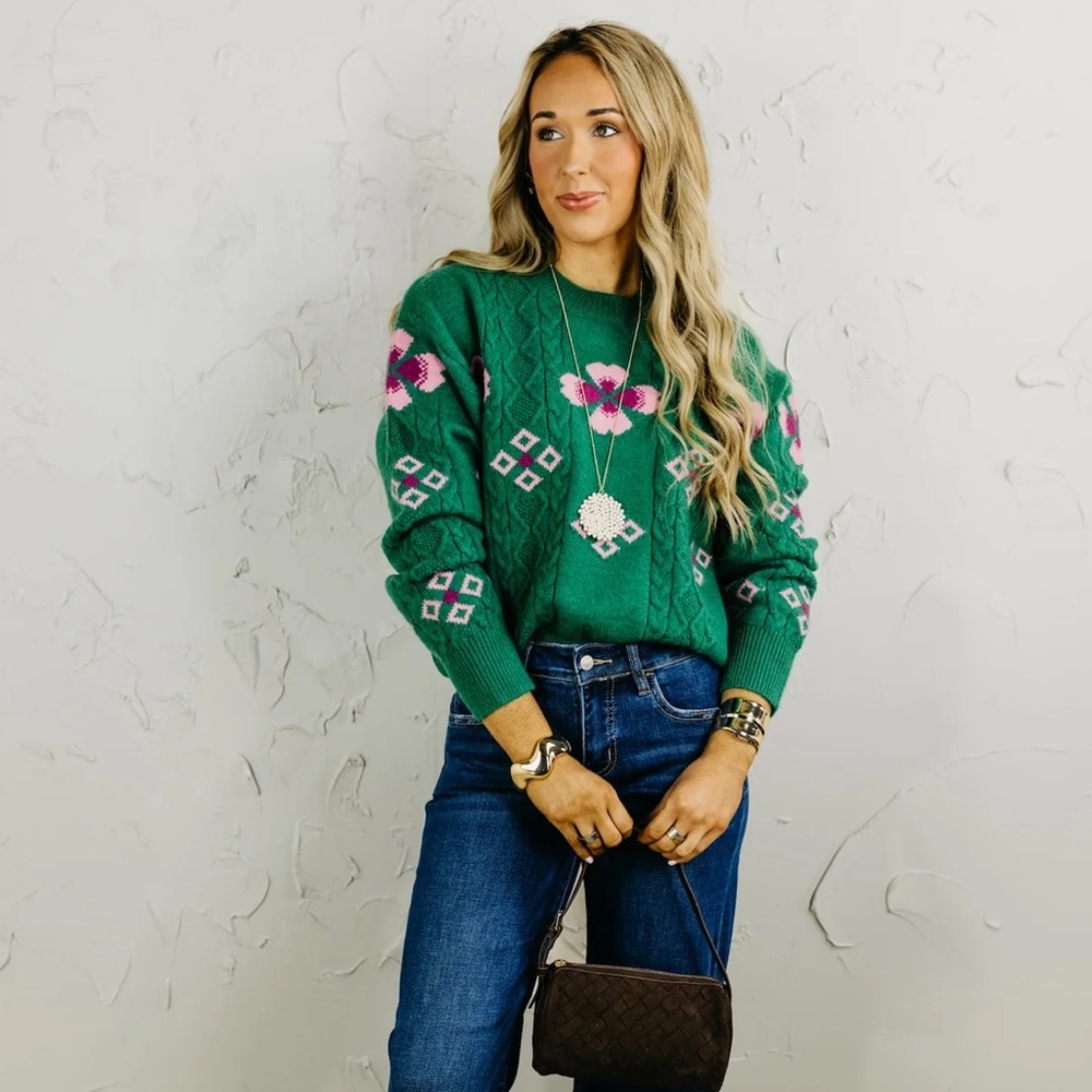 &merci Cable Knit Floral Sweater
